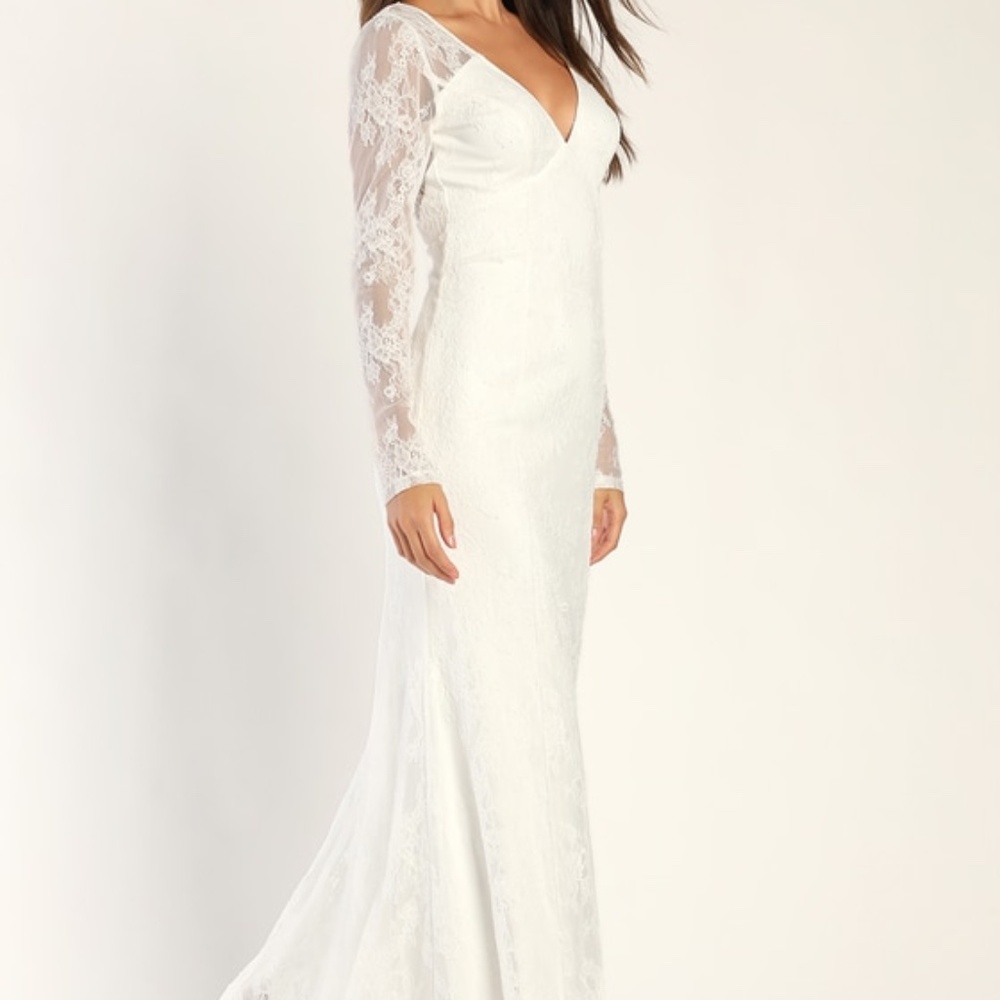 Lulus Longing For Romance White Lace Long Sleeve Mermaid Maxi Dress - Size S